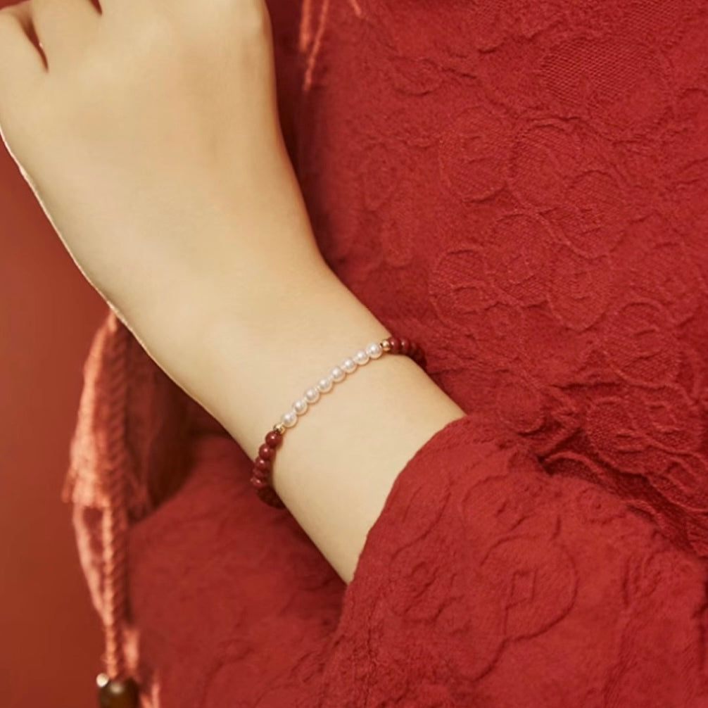 "Lucky Red" · Chrysanthemum Pearl Bracelet (Protection & Luck)