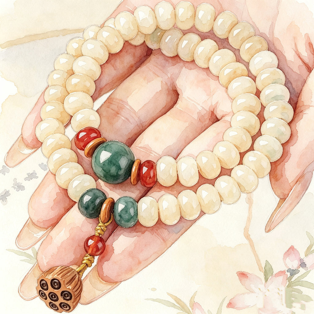 Bodhi & Peach Wood · "Lotus Seed" Blessing Bracelet